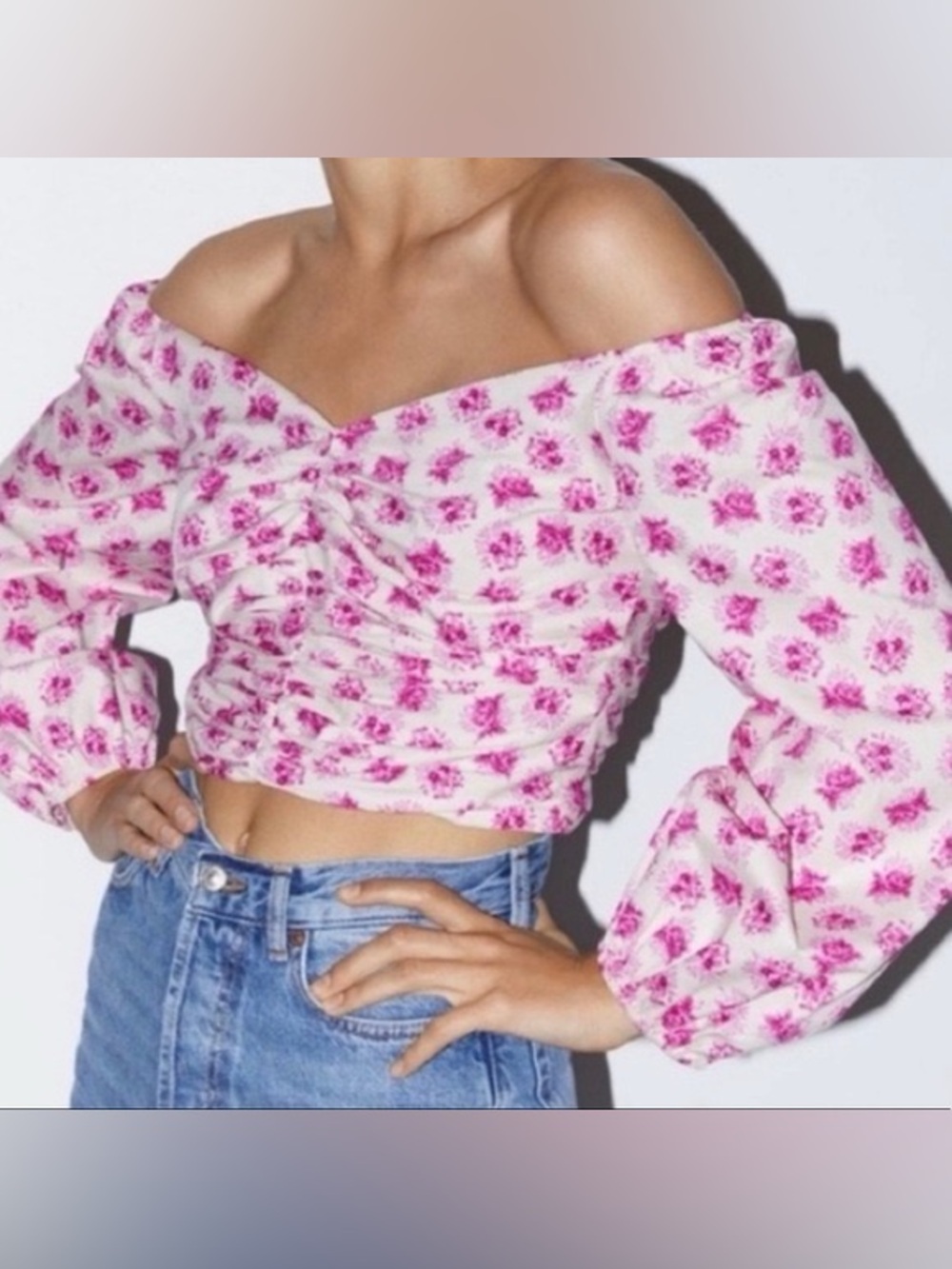 Zara Off-Shoulder Pink Floral Ruched Crop Top